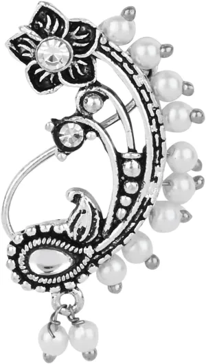 I Jewels Navratri Silver Plated Indian Wedding Bollywood Non Piercing White Pearl Nath, Nose Pin For Women