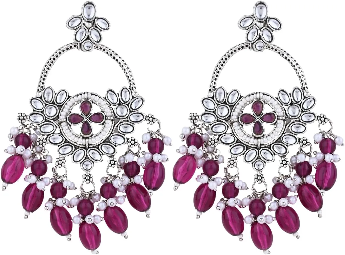 I Jewels Silver Plated Indian Wedding Bollywood Handcrafted Kundan Pearl Chandbali Dangle Earrings for Women (E3222ZWi)