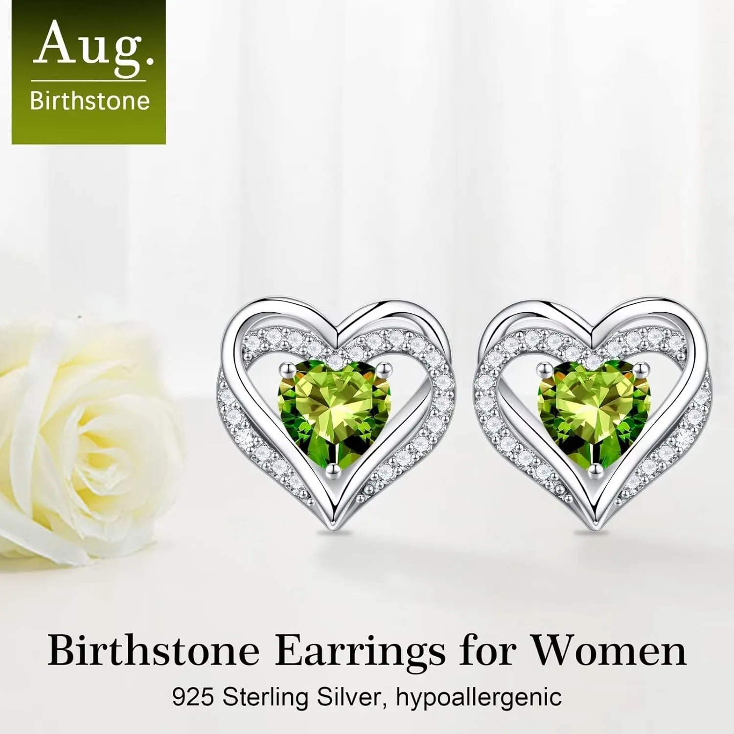 Iefil Birthstone Earrings for Women, S925 Sterling Silver Birthstone Heart Stud Earrings Birthday Gifts for Women
