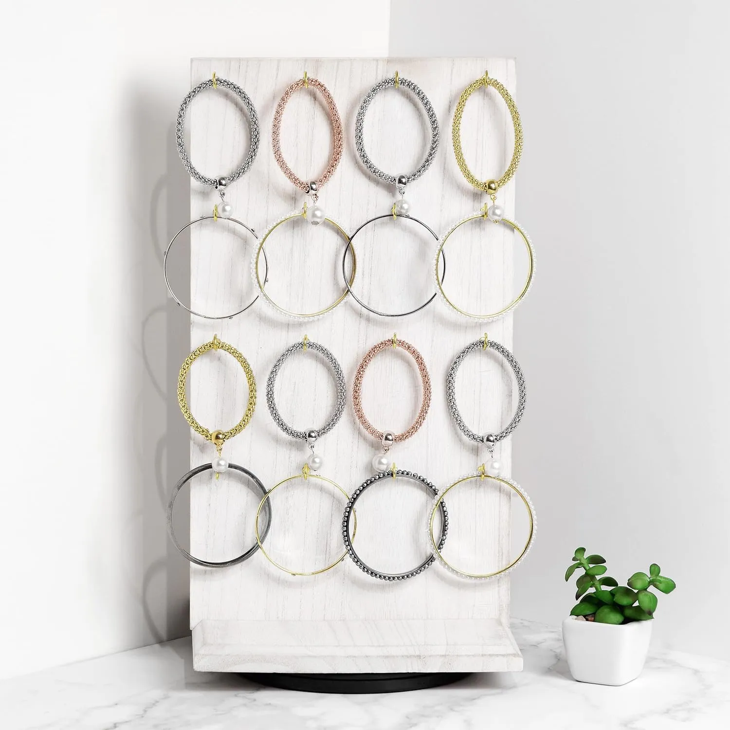 Ikee Design Wooden Rotating Two-Sided Jewelry Display Stand, Rotating Organizer with 32 Hooks for Store, Earring Keychain Display with Hooks, Wash White Color, 9 W x 7.5 D x 16.5 H in