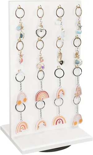 Ikee Design Wooden Rotating Two-Sided Jewelry Display Stand, Rotating Organizer with 32 Hooks for Store, Earring Keychain Display with Hooks, Wash White Color, 9 W x 7.5 D x 16.5 H in
