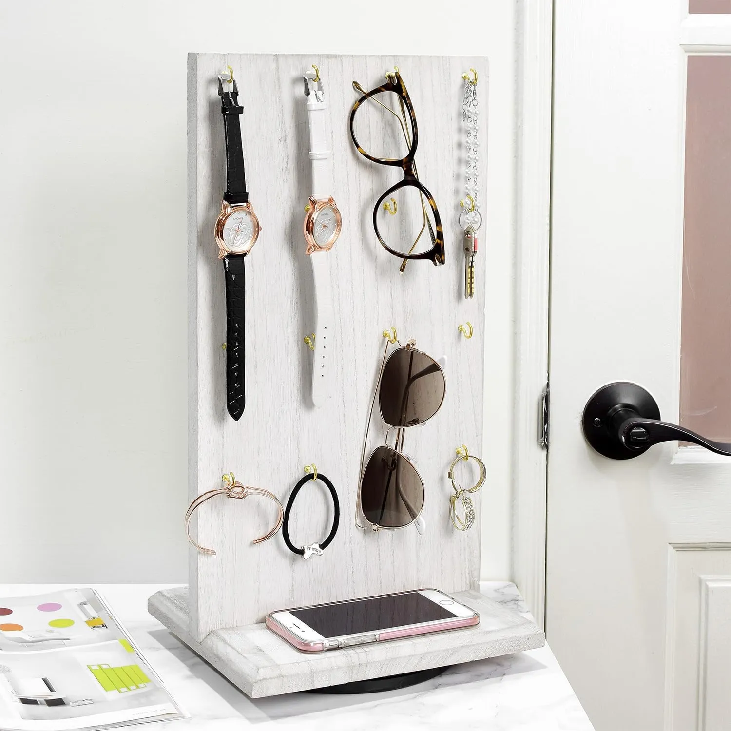 Ikee Design Wooden Rotating Two-Sided Jewelry Display Stand, Rotating Organizer with 32 Hooks for Store, Earring Keychain Display with Hooks, Wash White Color, 9 W x 7.5 D x 16.5 H in