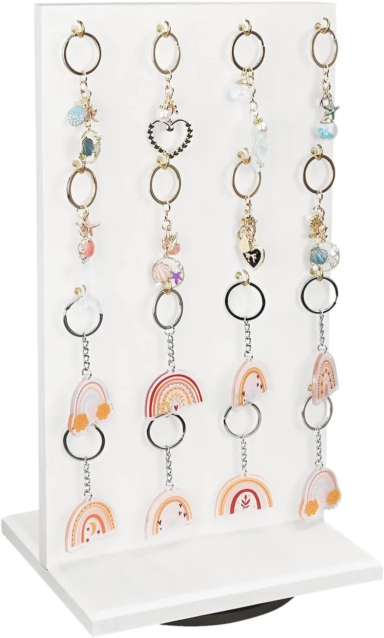 Ikee Design Wooden Rotating Two-Sided Jewelry Display Stand, Rotating Organizer with 32 Hooks for Store, Earring Keychain Display with Hooks, Wash White Color, 9 W x 7.5 D x 16.5 H in