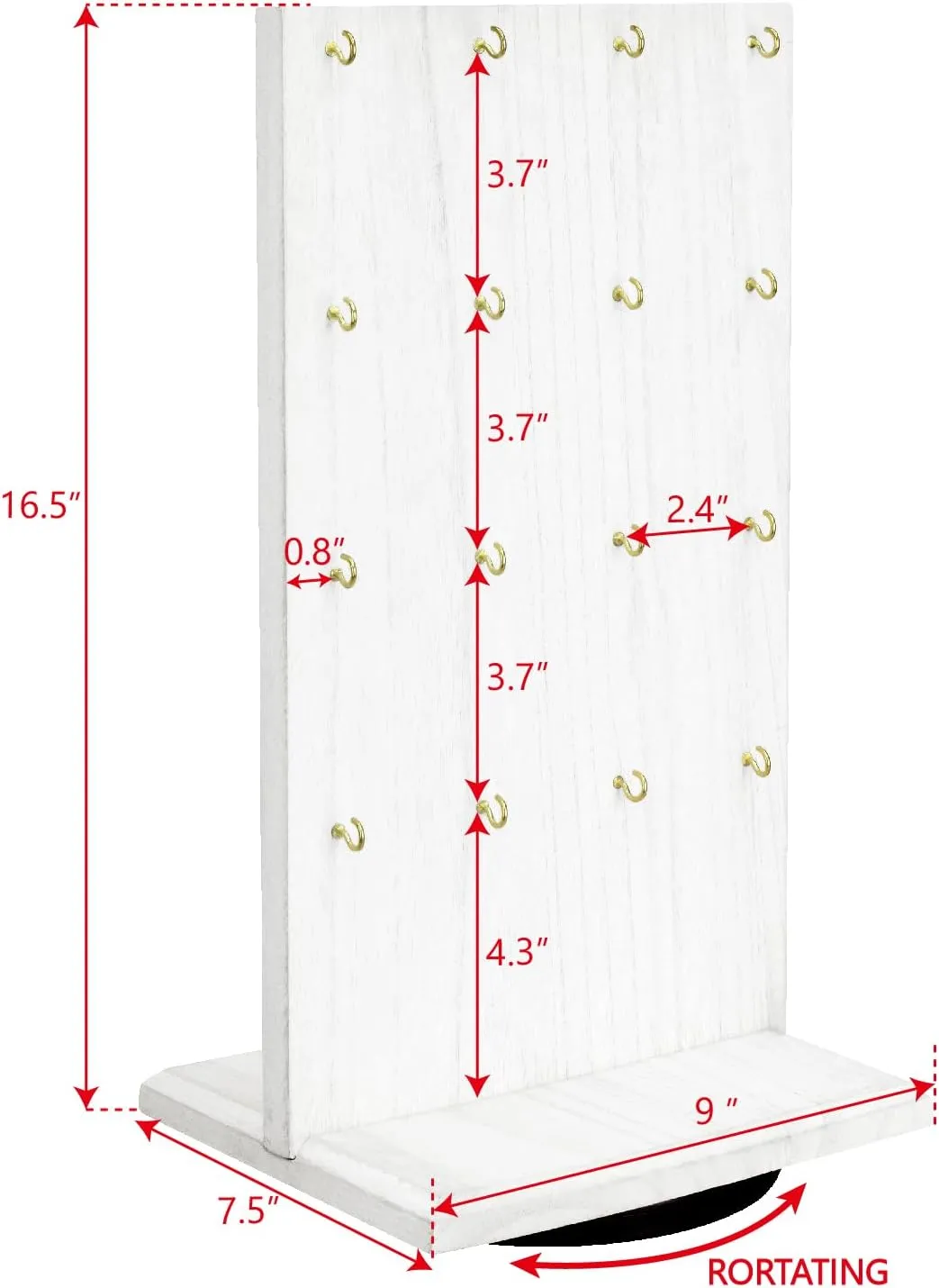 Ikee Design Wooden Rotating Two-Sided Jewelry Display Stand, Rotating Organizer with 32 Hooks for Store, Earring Keychain Display with Hooks, Wash White Color, 9 W x 7.5 D x 16.5 H in