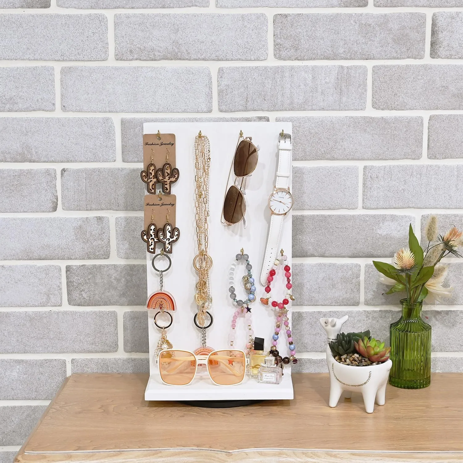 Ikee Design Wooden Rotating Two-Sided Jewelry Display Stand, Rotating Organizer with 32 Hooks for Store, Earring Keychain Display with Hooks, Wash White Color, 9 W x 7.5 D x 16.5 H in