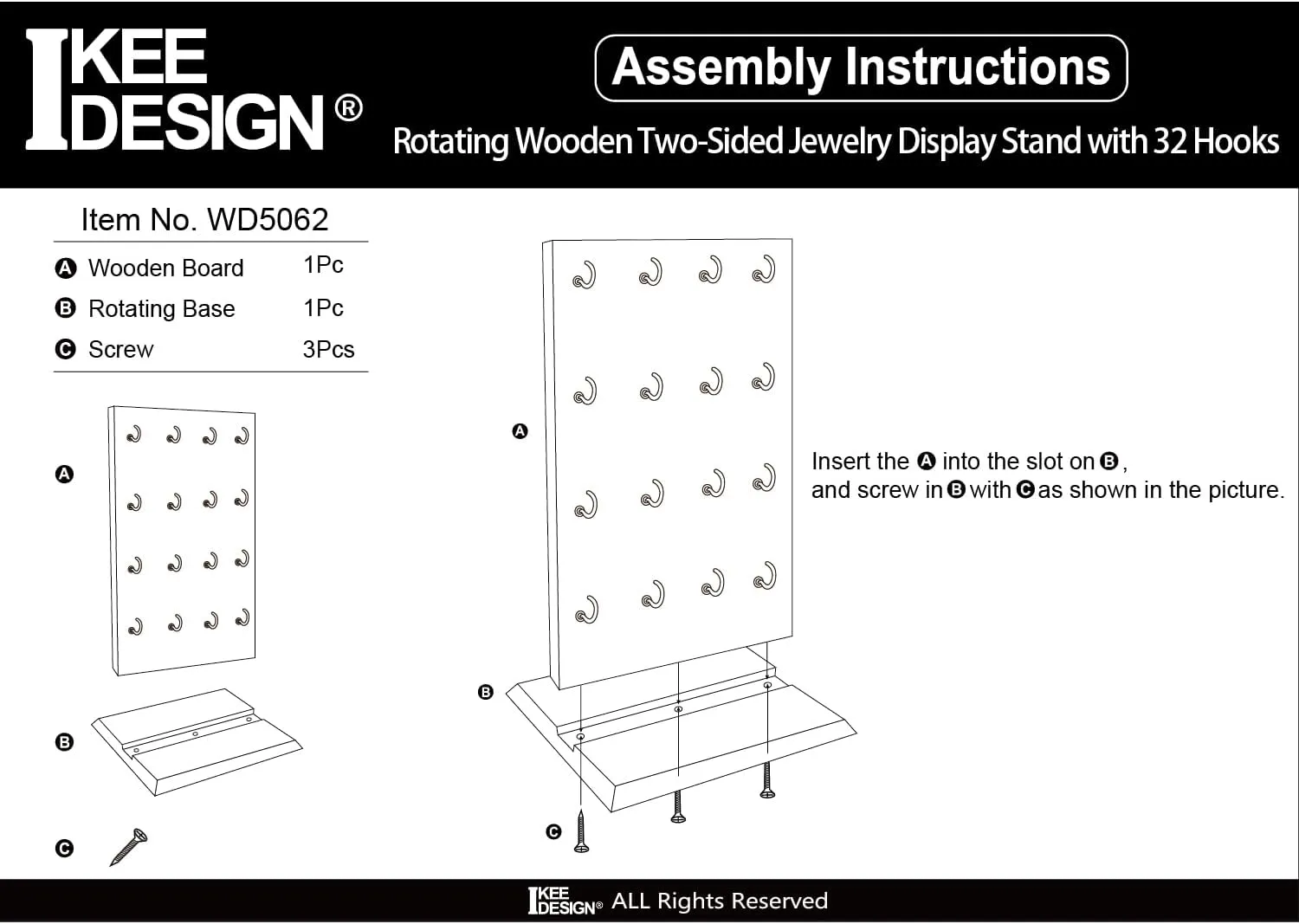 Ikee Design Wooden Rotating Two-Sided Jewelry Display Stand, Rotating Organizer with 32 Hooks for Store, Earring Keychain Display with Hooks, Wash White Color, 9 W x 7.5 D x 16.5 H in