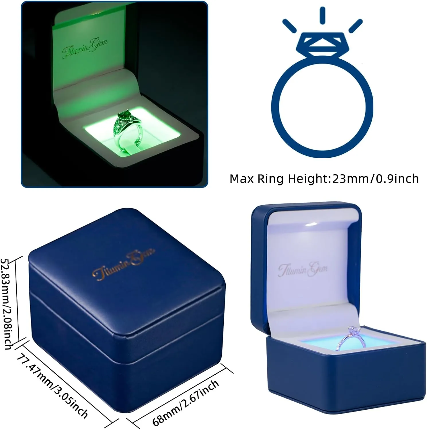 IlluminGem LED Engagement Ring Box with Base Mood Lighting - Aurora Dynamic & 5 Solid Colors, Dual Lights, Rechargeable Jewelry Case for Wedding/Proposal/Anniversary - Ambiance Ready
