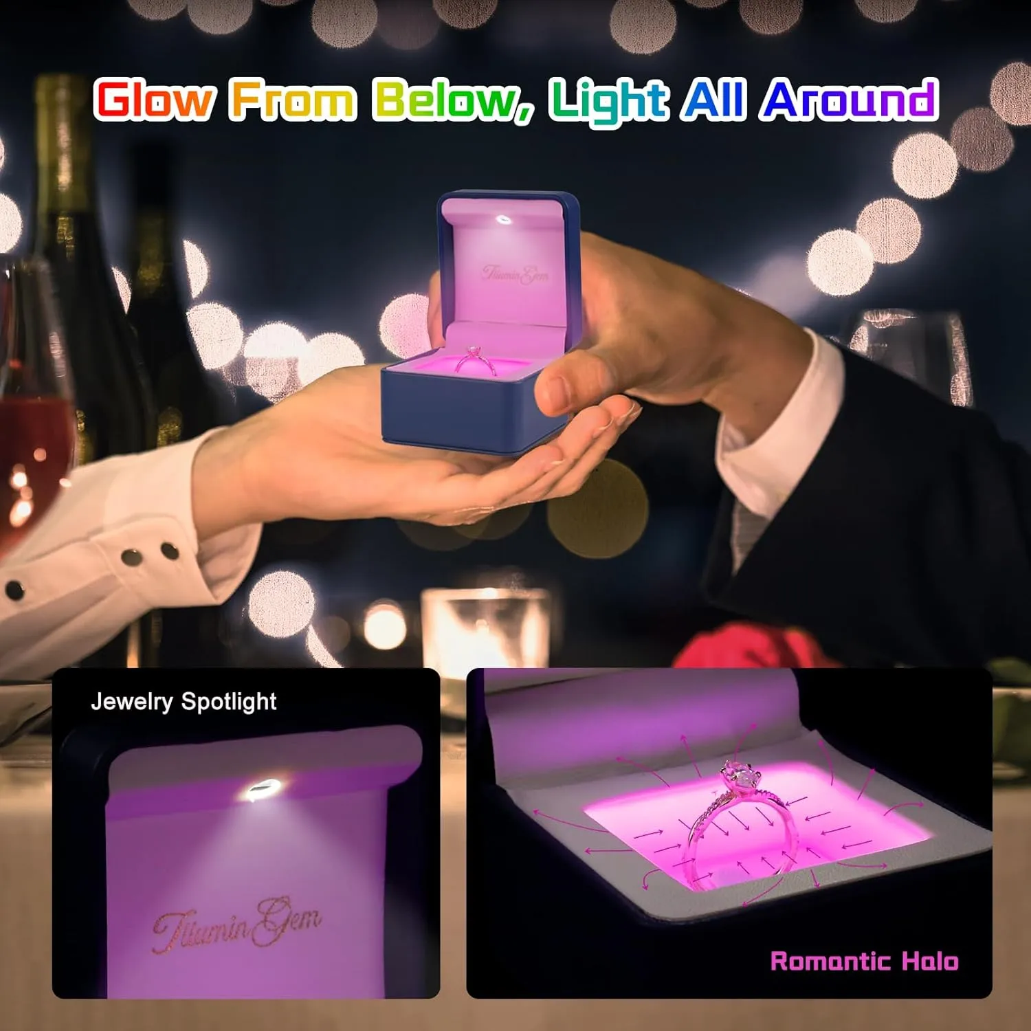 IlluminGem LED Engagement Ring Box with Base Mood Lighting - Aurora Dynamic & 5 Solid Colors, Dual Lights, Rechargeable Jewelry Case for Wedding/Proposal/Anniversary - Ambiance Ready