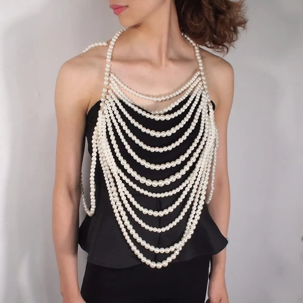 Imitation Pearl Collar Necklace - Multilayer Pendant Jewelry for Women, Exaggerate Body Chain Design, Trendy Fashion Accessory for Special Occasions