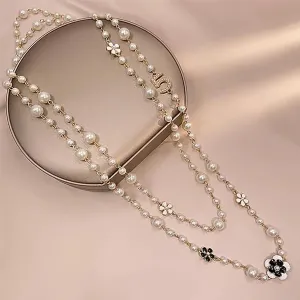 Imitation Pearl Neckalce Camellia Flower Number 5 Long Layered Charm, Long Layered Chain Necklace with Number 5 and Floral Charms