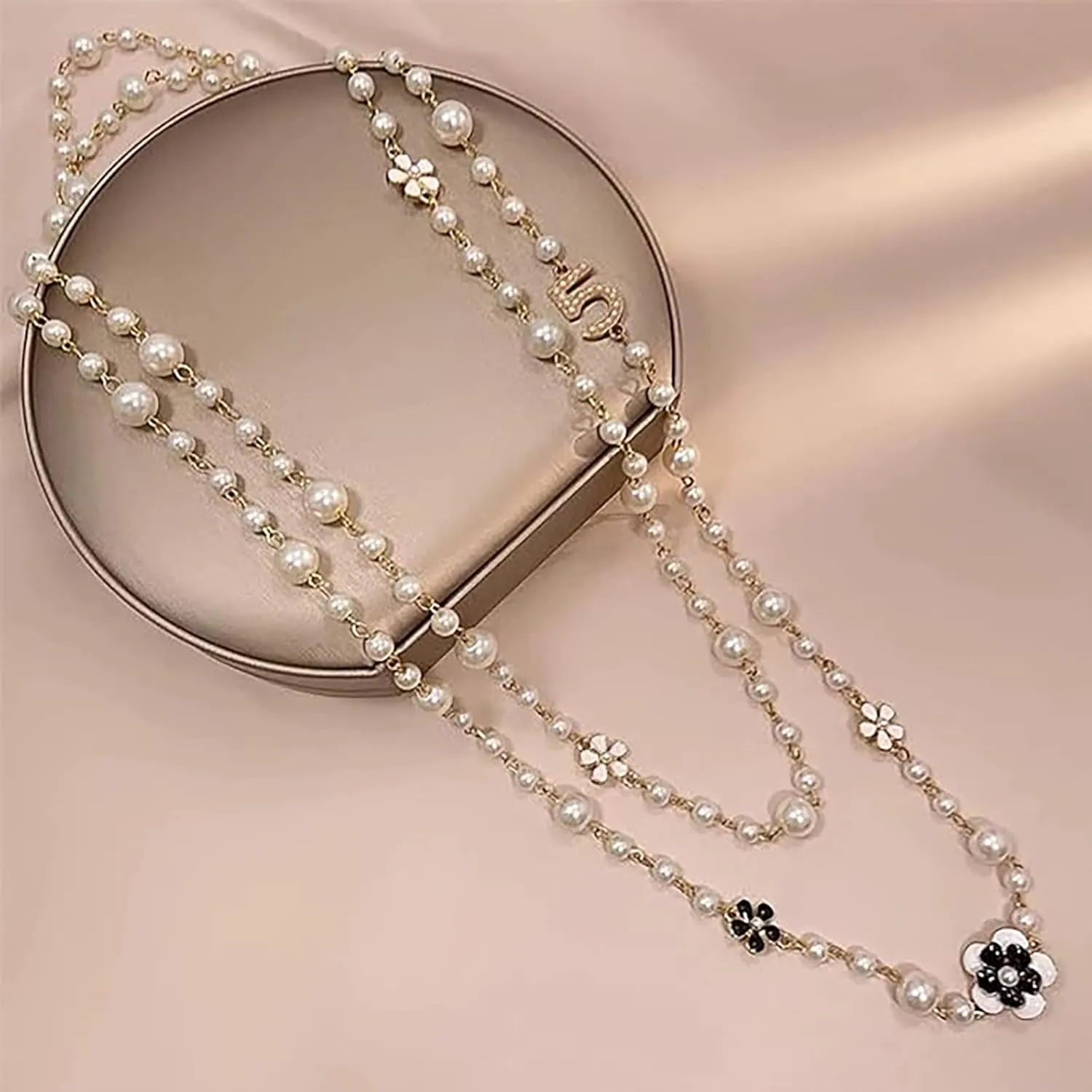 Imitation Pearl Neckalce Camellia Flower Number 5 Long Layered Charm, Long Layered Chain Necklace with Number 5 and Floral Charms