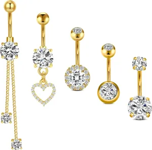 Incaton 5PCS Belly Button Rings, Diamond Shine Stainless Steel Belly Rings For Women, Cute Dangle Belly Button Rings With Heart CZ, Navel Piercing Pack With Gift Velvet Pouch