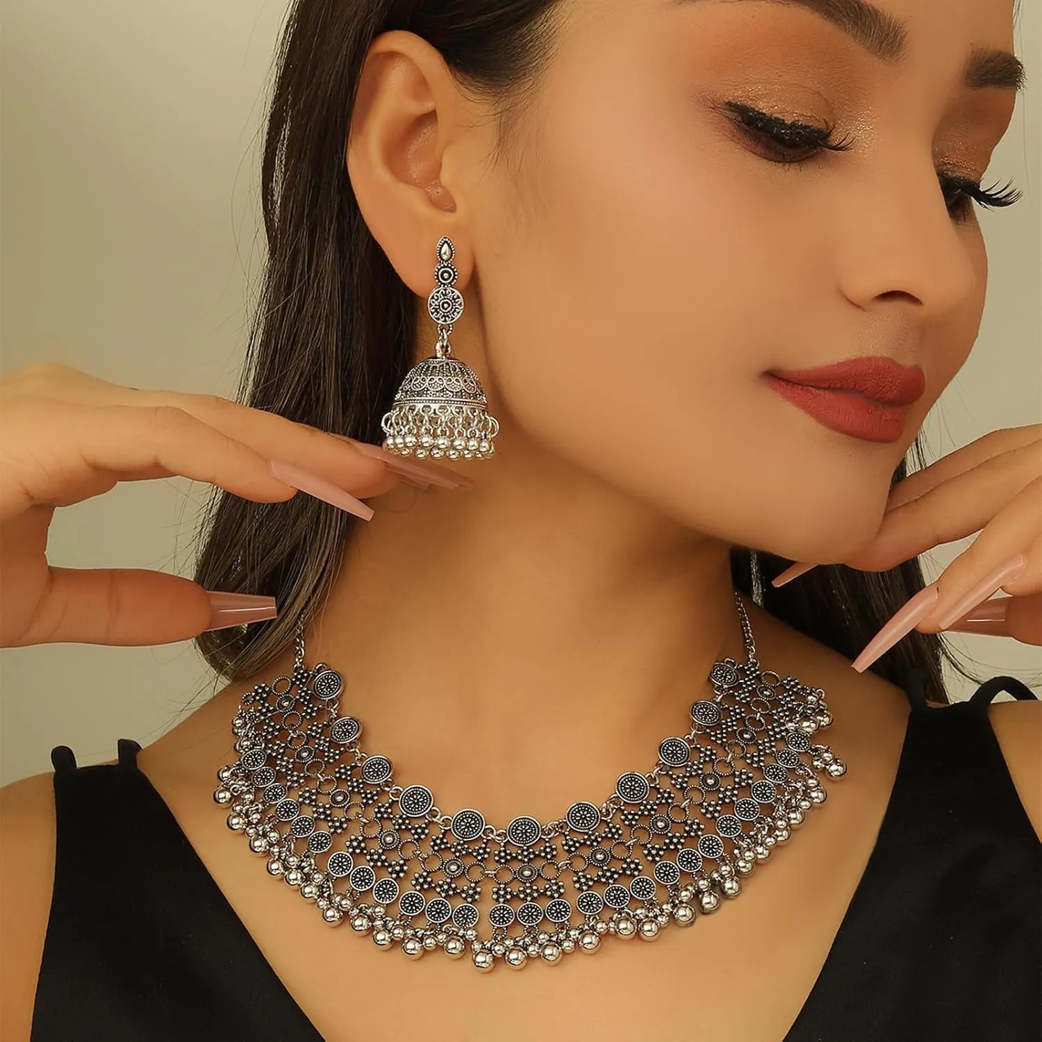 Indian Jhumka Earrings Rhinestone Bell Pendant with Tassel Vintage Boho Wedding Jewelry