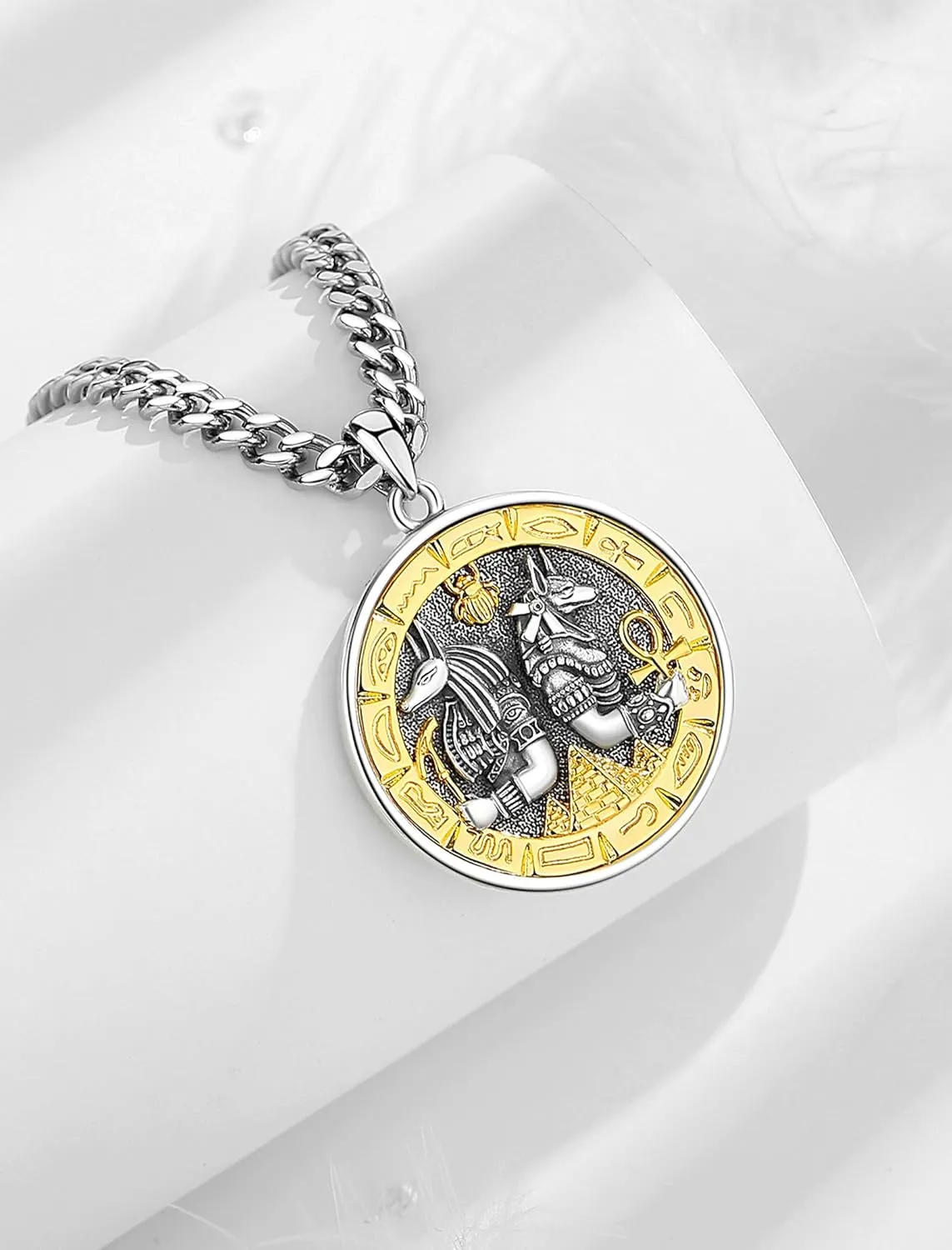 INFUSEU Ancient Egyptian Jewelry Ankh Anubis Necklaces for Men and Women, 22 2 Inch Cuban Link Chain
