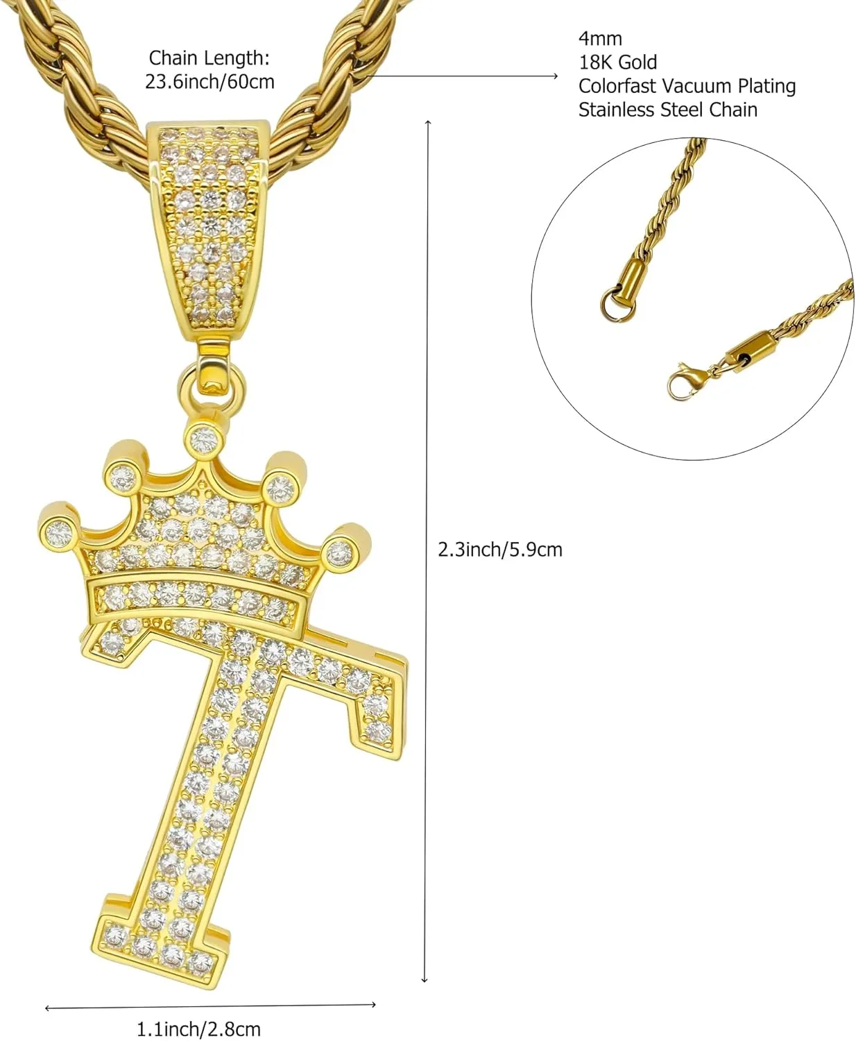 Initial A-Z Letter Crown Pendant Necklace, Hip Hop 18K Gold 24-inch Rope Chain, Cute Glitter Shiny CZ Personalized Alphabet Name Charm Jewelry Necklace