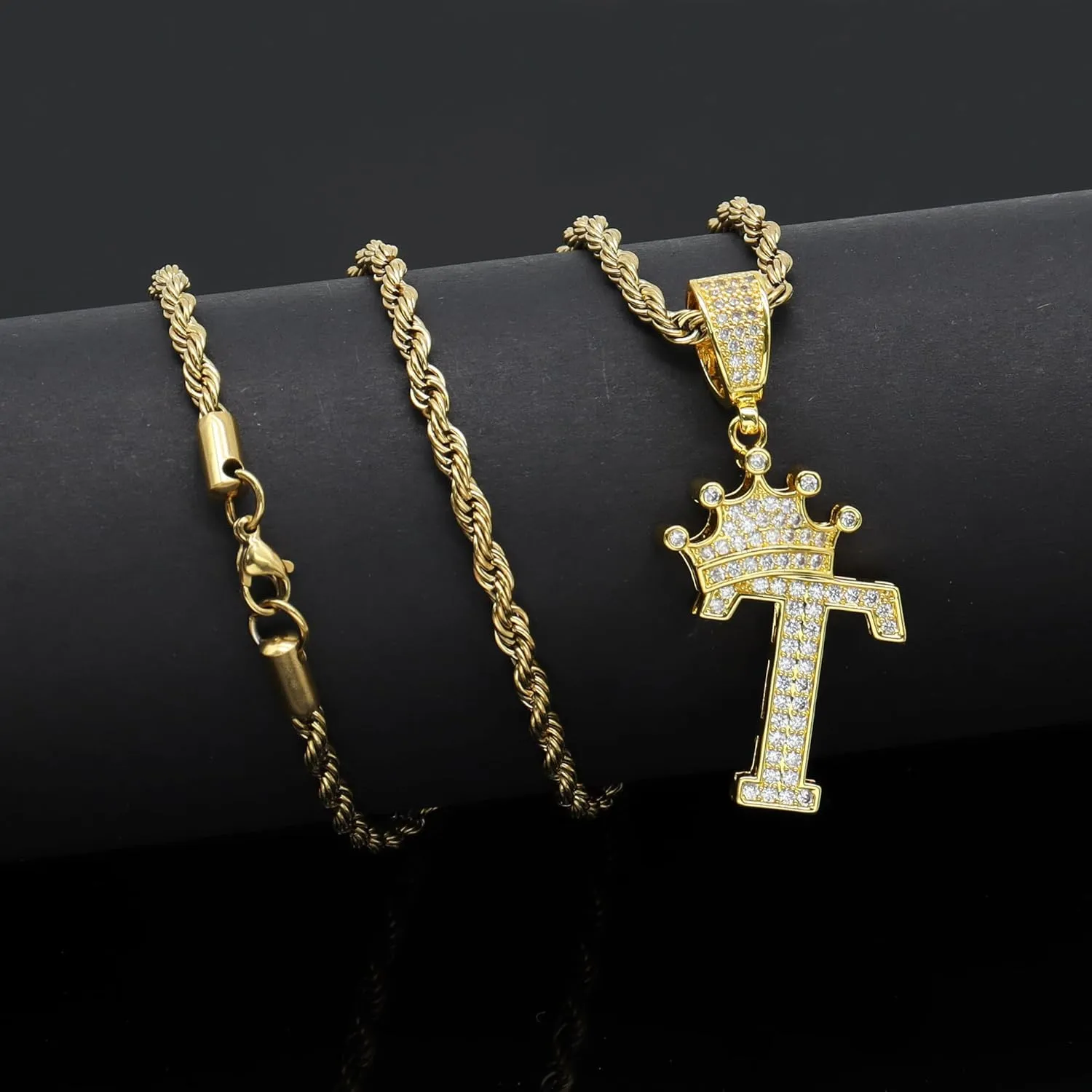 Initial A-Z Letter Crown Pendant Necklace, Hip Hop 18K Gold 24-inch Rope Chain, Cute Glitter Shiny CZ Personalized Alphabet Name Charm Jewelry Necklace