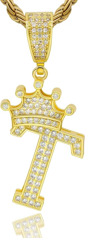 Initial A-Z Letter Crown Pendant Necklace, Hip Hop 18K Gold 24-inch Rope Chain, Cute Glitter Shiny CZ Personalized Alphabet Name Charm Jewelry Necklace