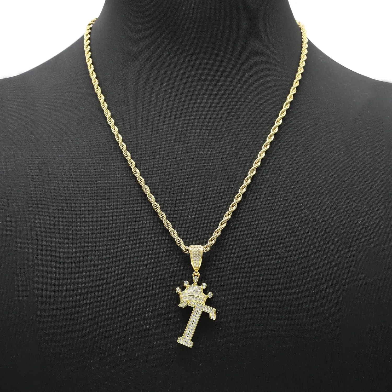 Initial A-Z Letter Crown Pendant Necklace, Hip Hop 18K Gold 24-inch Rope Chain, Cute Glitter Shiny CZ Personalized Alphabet Name Charm Jewelry Necklace