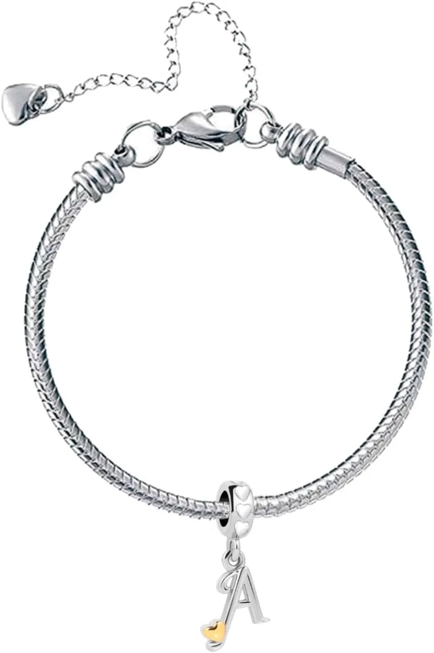 Initial Bracelets Charm Silver Love Heart Letter Charm for Bracelets for Women Daughter Granddaughter Friends Sisters Alphabet A-Z 