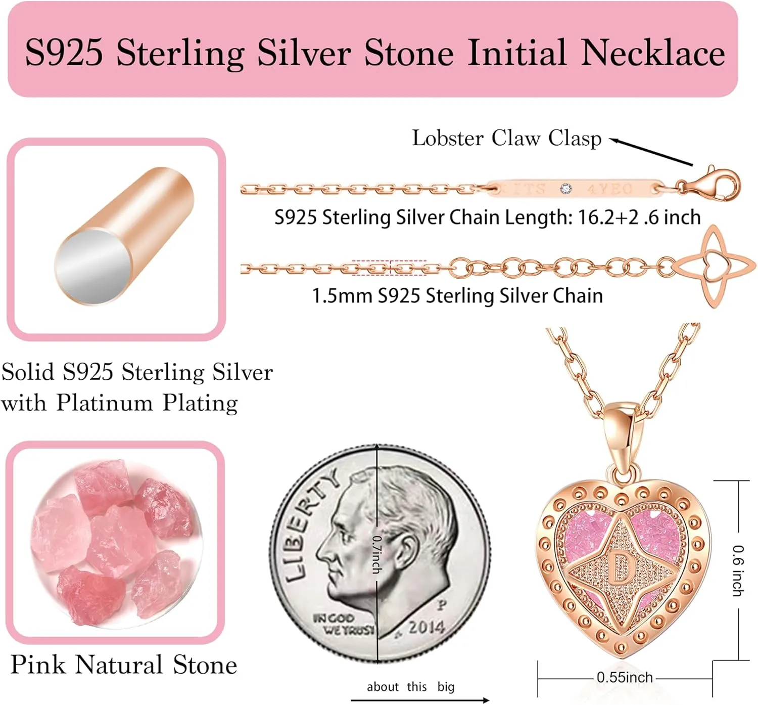 Initial Pendant Necklace Heart Necklace 14K Gold Plated Handmade Necklace with Pure Natural Stone Necklace for Women Colourful Jewelry Love Gift for Women