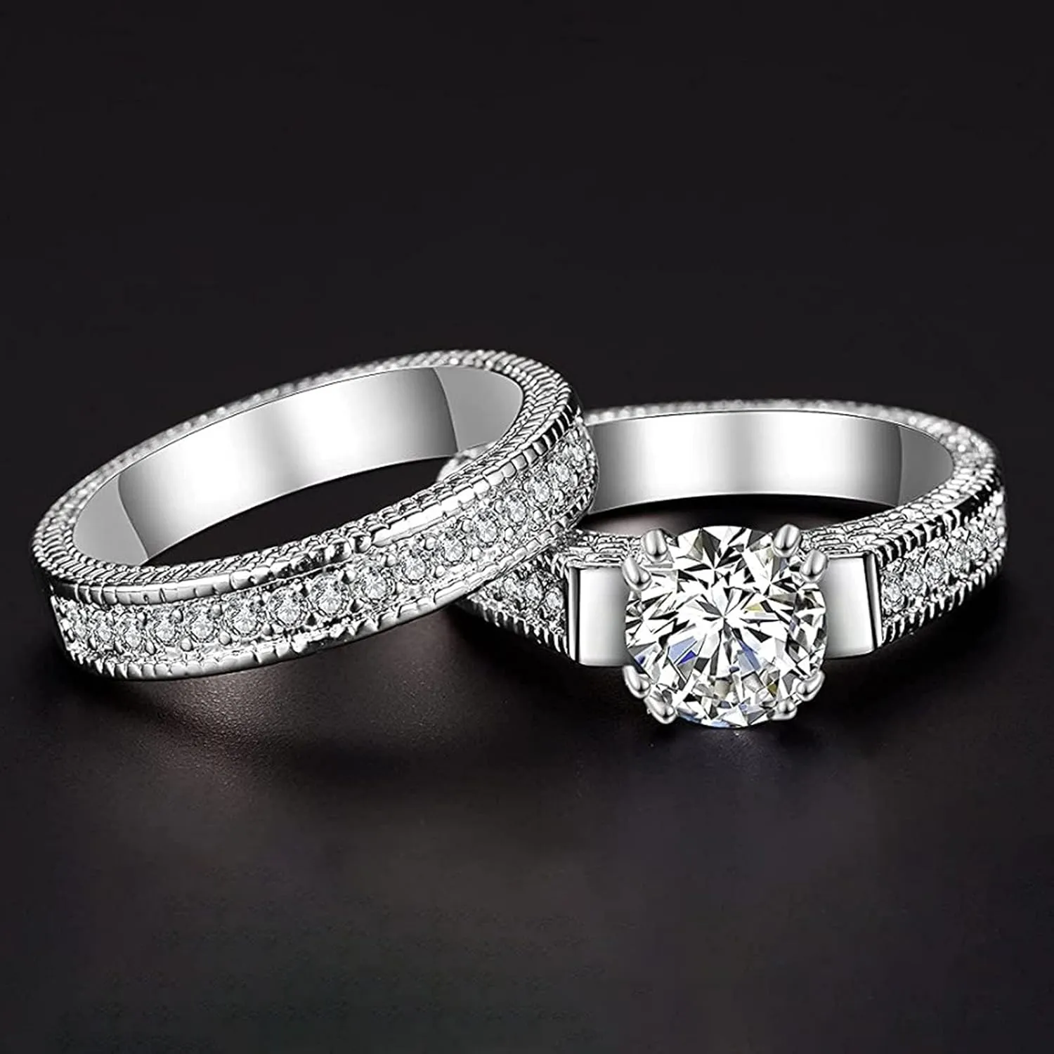 ink2055 2Pcs Couple Rings Geometry Shape Alloy and Cubic Zirconia Men Women Shiny All Match Rings for Wedding and Dating