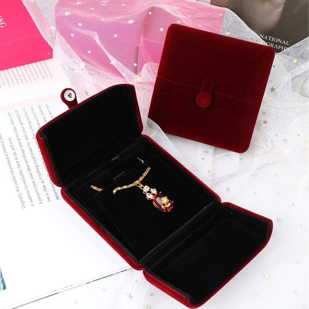 iSuperb Red Wine Velvet Pendant Necklace Box Jewelry Gift Box Bracelet Chain Earrings Jewelry Display Storage for Engagement Proposal