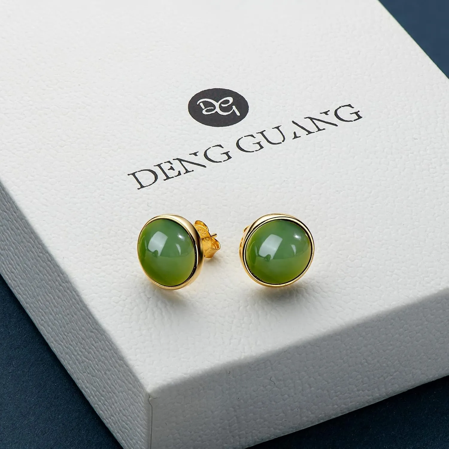 Jade Stud Earrings for Women, Natural Real Green Jade 14k Yellow Gold Plated Sterling Silver Hypoallergenic Earrings, Christmas Jewelry Gifts for Wife Mom