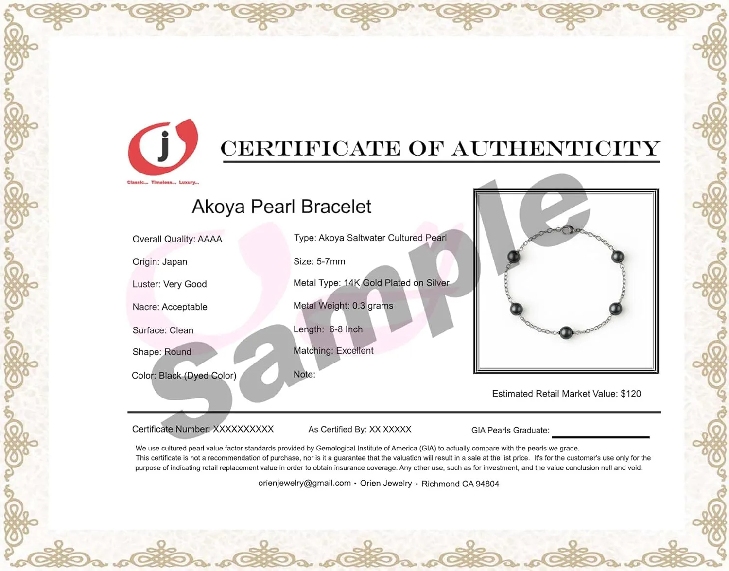 Japanese 6mm Black Akoya Cultured Pearl Minimalist Bracelet Jewelry Sterling Silver Link Bracelet with Certification Gift Box