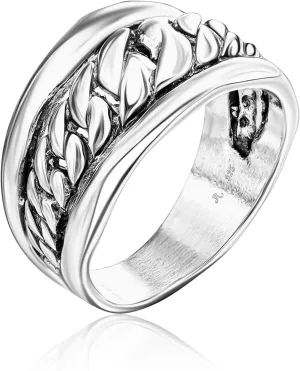 JEAN RACHEL JEWELRY 925 Sterling Silver Ring - Curb Chain Vintage Design - Hypoallergenic, Lead & Nickel Free Jewelry - Artisan Handcrafted Statement Rings for Women