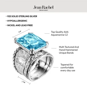 JEAN RACHEL JEWELRY 925 Sterling Silver Ring - Hammered Vintage Design with Octagon Shaped Cubic Zirconia - Hypoallergenic, Lead & Nickel Free - Artisan Handcrafted Statement Rings for Women