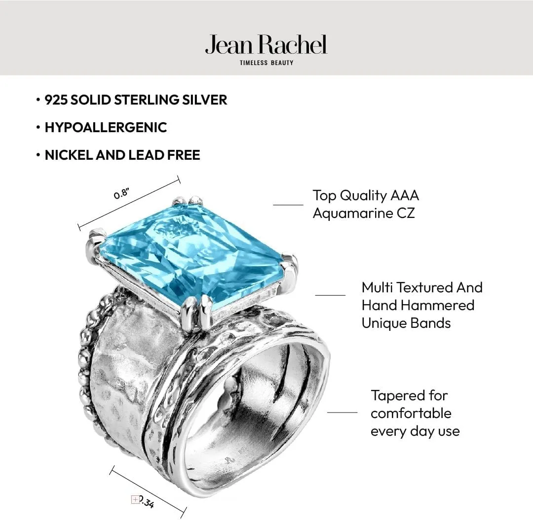 JEAN RACHEL JEWELRY 925 Sterling Silver Ring - Hammered Vintage Design with Octagon Shaped Cubic Zirconia - Hypoallergenic, Lead & Nickel Free - Artisan Handcrafted Statement Rings for Women