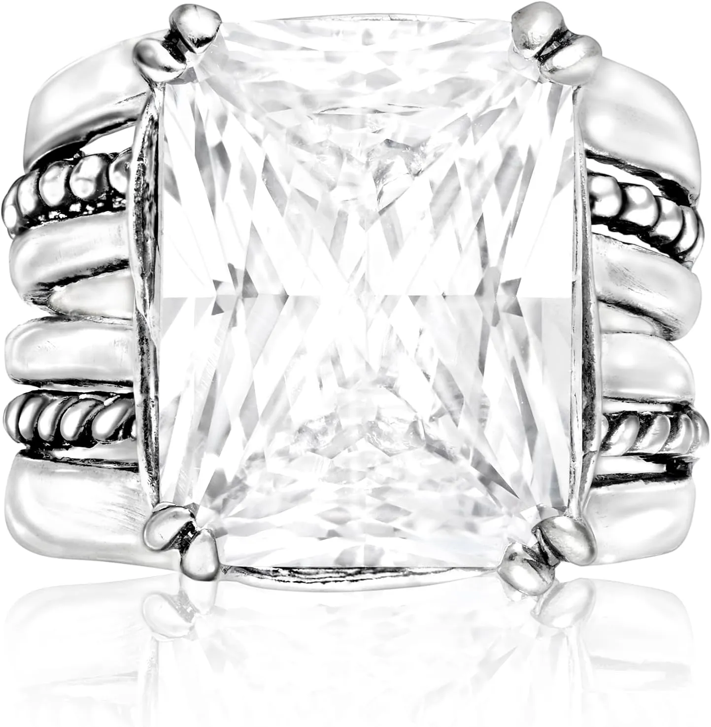 JEAN RACHEL JEWELRY 925 Sterling Silver Ring - Rope Bead with Octagon Cubic Zirconia Vintage Design - Hypoallergenic, Lead & Nickel Free - Artisan Handcrafted Statement Rings for Women
