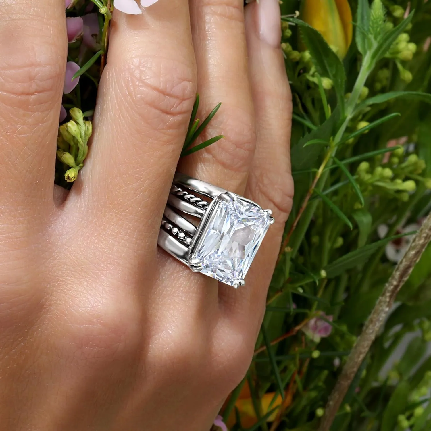 JEAN RACHEL JEWELRY 925 Sterling Silver Ring - Rope Bead with Octagon Cubic Zirconia Vintage Design - Hypoallergenic, Lead & Nickel Free - Artisan Handcrafted Statement Rings for Women