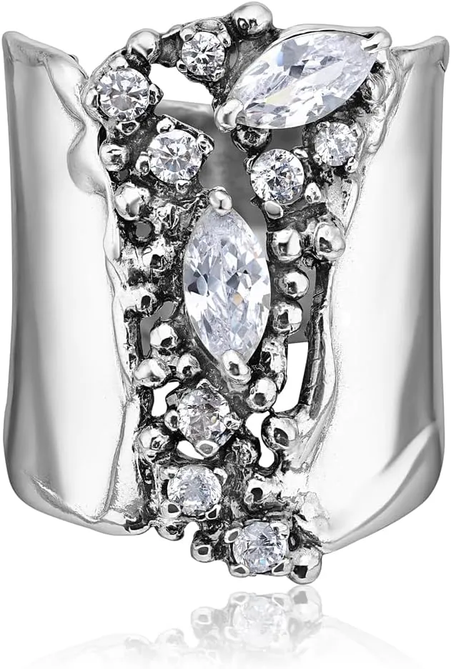 JEAN RACHEL JEWELRY 925 Sterling Silver Ring - Shield Ring with Cubic Zirconia - Vintage Design Statement Rings for Women - Hypoallergenic, Lead & Nickel Free Jewelry Artisan Handcrafted Collection