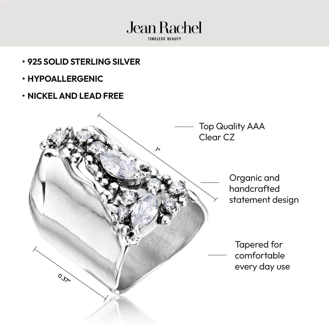 JEAN RACHEL JEWELRY 925 Sterling Silver Ring - Shield Ring with Cubic Zirconia - Vintage Design Statement Rings for Women - Hypoallergenic, Lead & Nickel Free Jewelry Artisan Handcrafted Collection