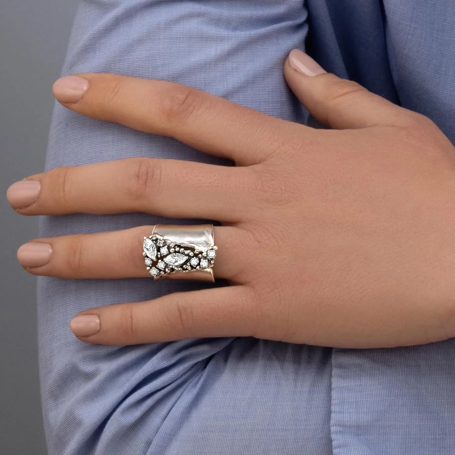JEAN RACHEL JEWELRY 925 Sterling Silver Ring - Shield Ring with Cubic Zirconia - Vintage Design Statement Rings for Women - Hypoallergenic, Lead & Nickel Free Jewelry Artisan Handcrafted Collection