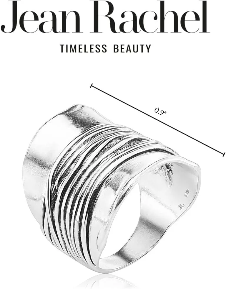 JEAN RACHEL JEWELRY 925 Sterling Silver Ring - Wide Shield Ring with Wire Wrap Center Vintage Design - Hypoallergenic, Lead & Nickel Free Jewelry - Artisan Handcrafted Statement Rings for Women