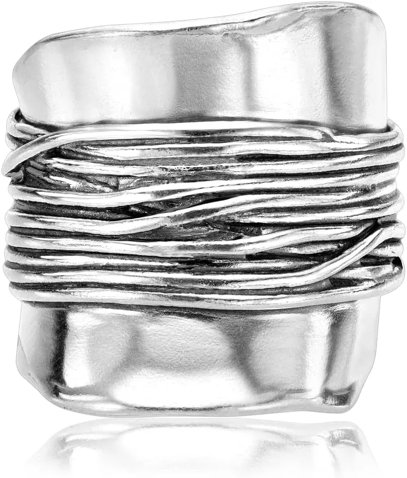 JEAN RACHEL JEWELRY 925 Sterling Silver Ring - Wide Shield Ring with Wire Wrap Center Vintage Design - Hypoallergenic, Lead & Nickel Free Jewelry - Artisan Handcrafted Statement Rings for Women