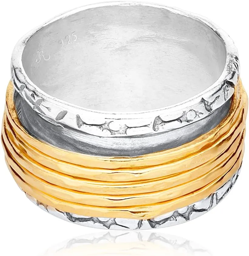 JEAN RACHEL JEWELRY 925 Sterling Silver Ring with 5 One Micron 14K Gold Plated Sterling Silver Rotating Spinner Rings - Artisan Handcrafted Vintage Design Hypoallergenic, Lead & Nickel Free Jewelry