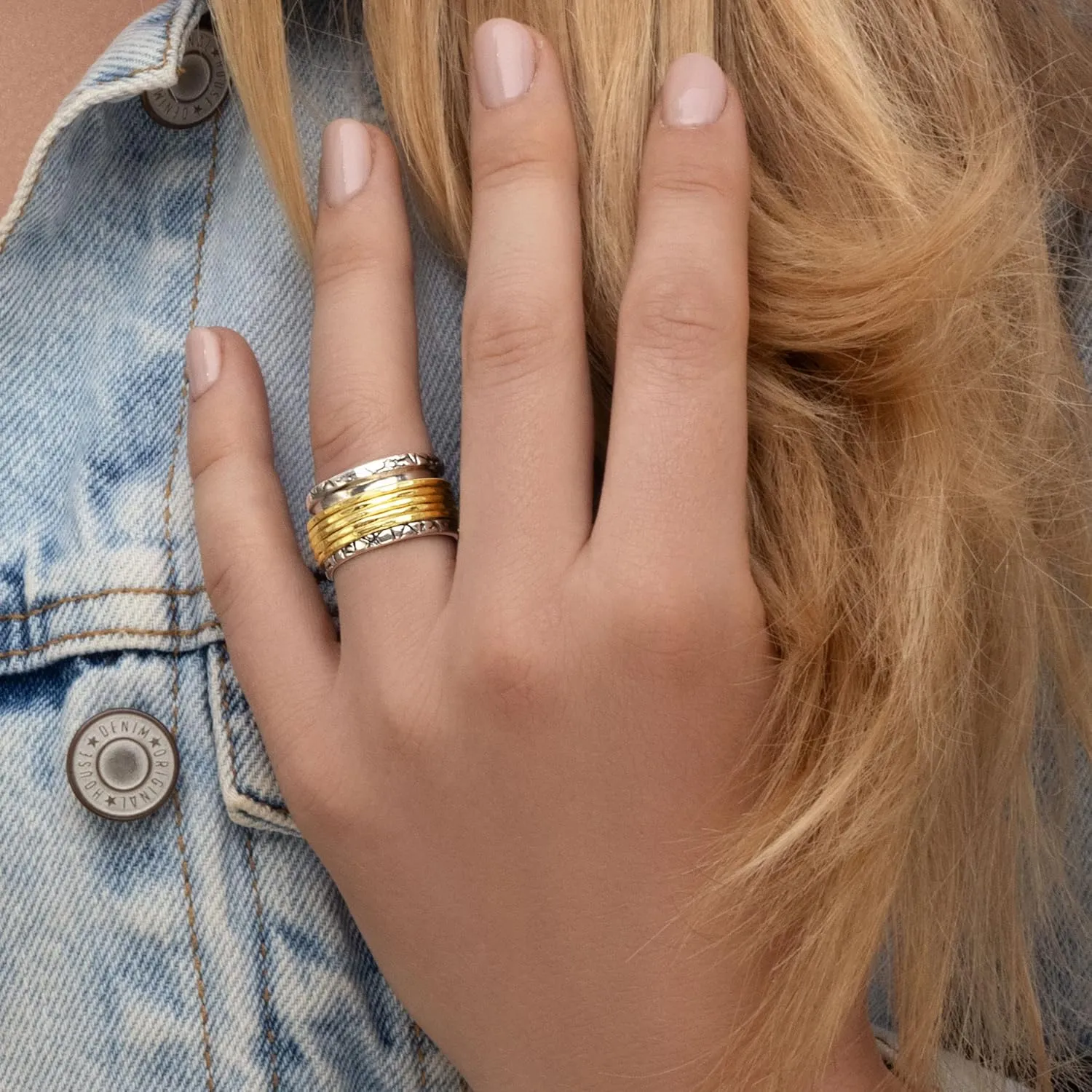 JEAN RACHEL JEWELRY 925 Sterling Silver Ring with 5 One Micron 14K Gold Plated Sterling Silver Rotating Spinner Rings - Artisan Handcrafted Vintage Design Hypoallergenic, Lead & Nickel Free Jewelry