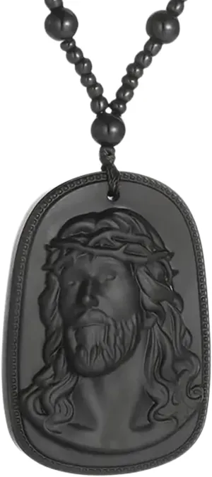 Jesus Natural Necklace, Hand-carved Pendant, Green Jade or Black Obsidian. Blend of Faith, Art, and Healing properties of Gemstones