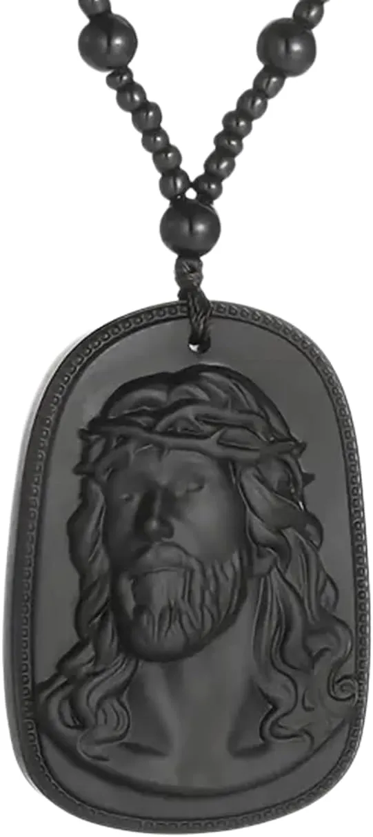 Jesus Natural Necklace, Hand-carved Pendant, Green Jade or Black Obsidian. Blend of Faith, Art, and Healing properties of Gemstones