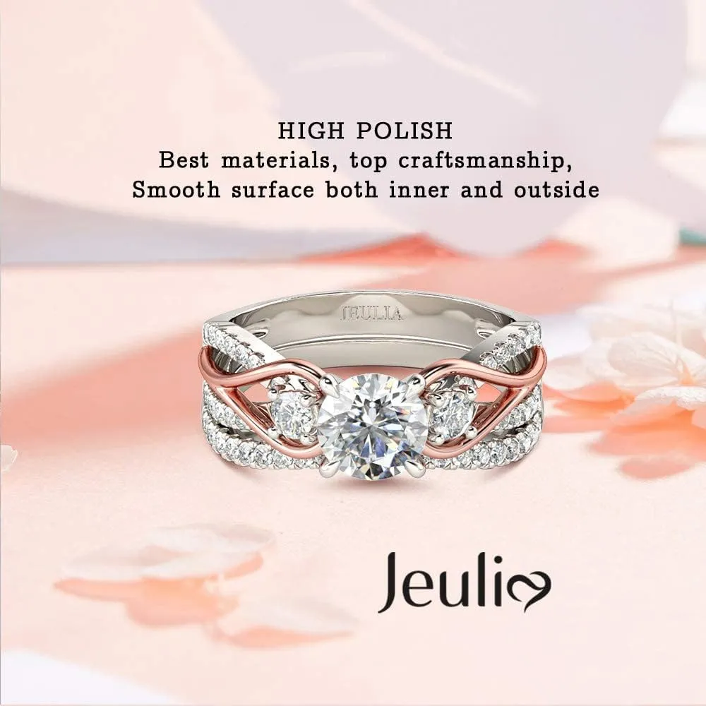 Jeulia Two Tone Rings for Women Rose Gold Three Stone Round Cut Engagement Rings Sterling Silver Halo Bridal Ring Set Anniversary Promise Wedding Ring with Jewelry Gift Box