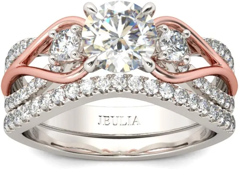 Jeulia Two Tone Rings for Women Rose Gold Three Stone Round Cut Engagement Rings Sterling Silver Halo Bridal Ring Set Anniversary Promise Wedding Ring with Jewelry Gift Box