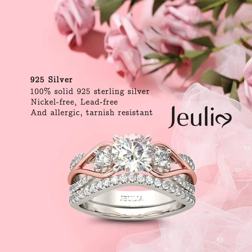 Jeulia Two Tone Rings for Women Rose Gold Three Stone Round Cut Engagement Rings Sterling Silver Halo Bridal Ring Set Anniversary Promise Wedding Ring with Jewelry Gift Box