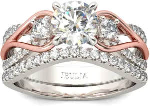 Jeulia Two Tone Rings for Women Rose Gold Three Stone Round Cut Engagement Rings Sterling Silver Halo Bridal Ring Set Anniversary Promise Wedding Ring with Jewelry Gift Box