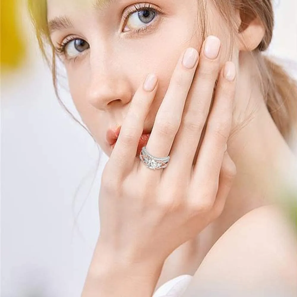 Jeulia Two Tone Rings for Women Rose Gold Three Stone Round Cut Engagement Rings Sterling Silver Halo Bridal Ring Set Anniversary Promise Wedding Ring with Jewelry Gift Box