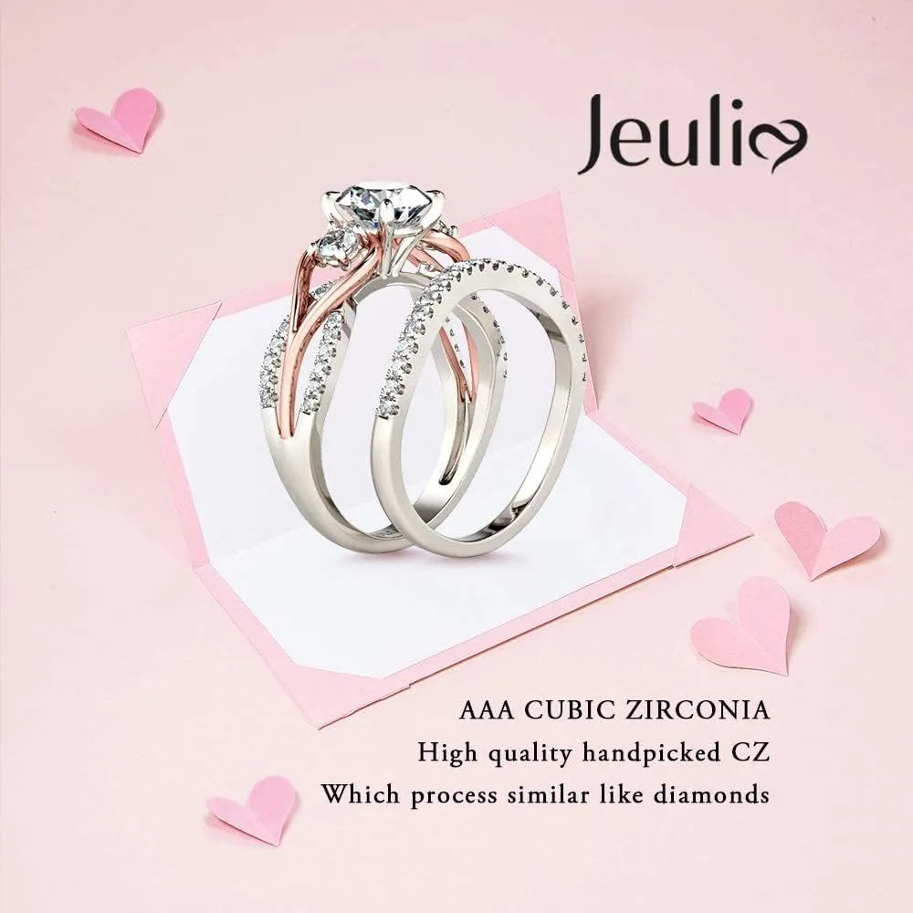 Jeulia Two Tone Rings for Women Rose Gold Three Stone Round Cut Engagement Rings Sterling Silver Halo Bridal Ring Set Anniversary Promise Wedding Ring with Jewelry Gift Box