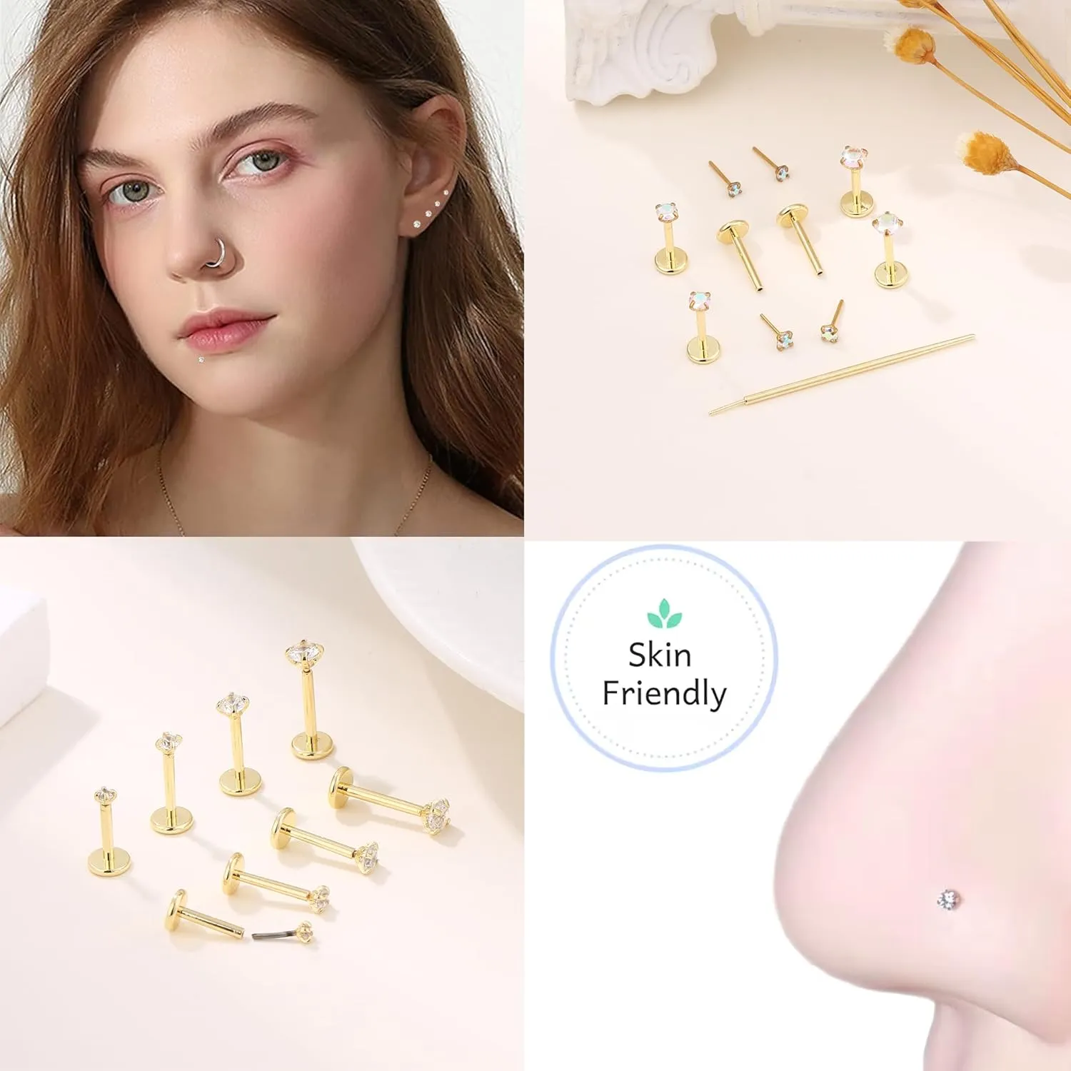 Jewdreamer 14K Gold Plated Threadless Nose Studs CZ Nose Rings for Women Men 316L Surgical Steel Labret Studs Lip Rings Push in Flat Back Stud Earrings CZ Nose Nostril Tragus Helix Piercing Jewelry Hypoallergenic 20G 18G