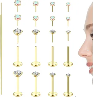 Jewdreamer 14K Gold Plated Threadless Nose Studs CZ Nose Rings for Women Men 316L Surgical Steel Labret Studs Lip Rings Push in Flat Back Stud Earrings CZ Nose Nostril Tragus Helix Piercing Jewelry Hypoallergenic 20G 18G